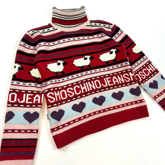 y2k Moschino red striped turtleneck sweater, sheeps, hearts - Picture 7 of 7